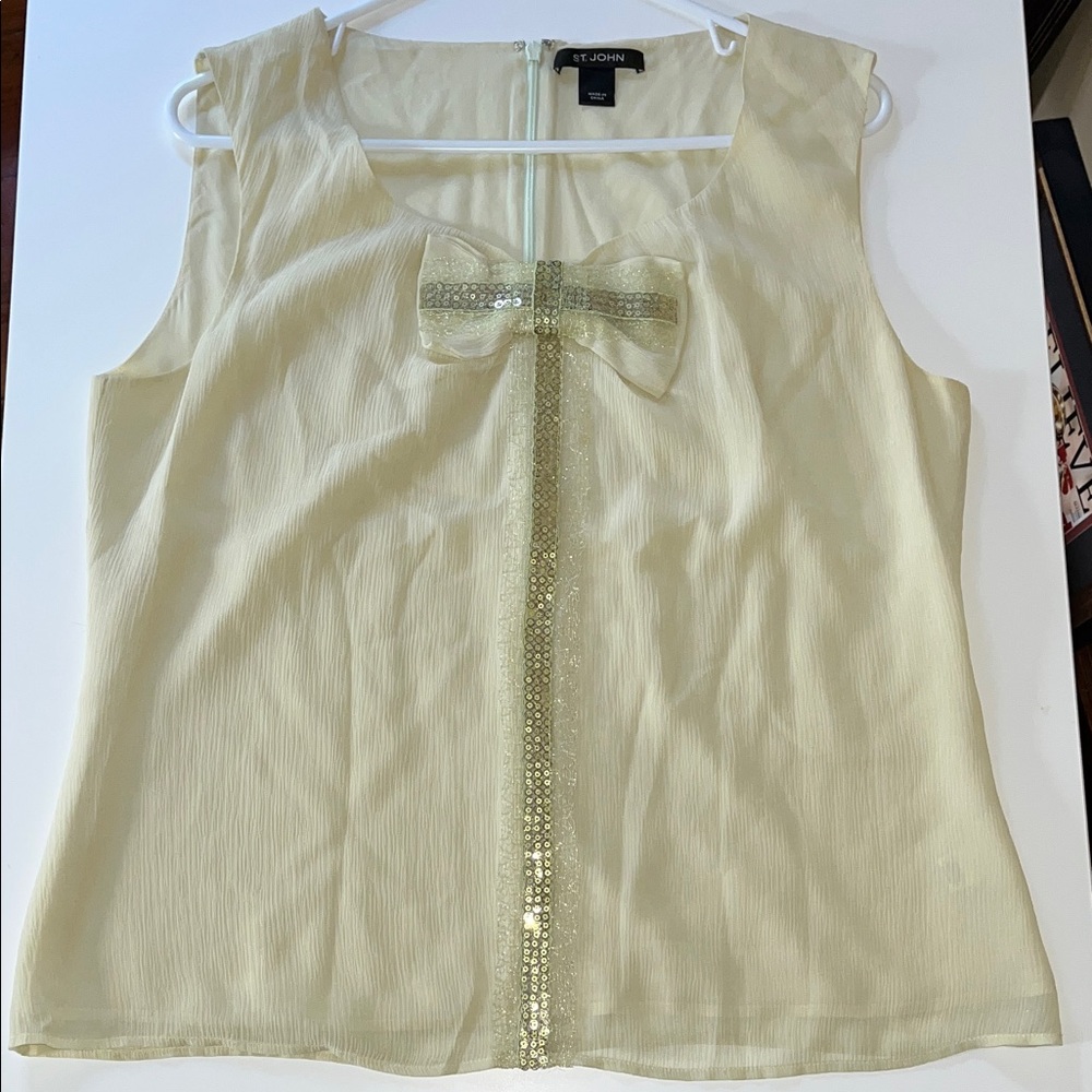 St. John Green Yellow Sleeveless Blouse with Bow